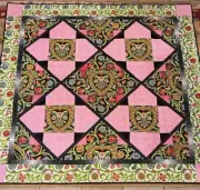 Unique Floral Machine-Stitched Quilt, Rich Colors, Gorgeous, 68” Square,Jacobean
