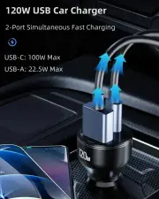 120W USB C Car Charger, 2 Port USB PD QC 3.0 Support 100W Fast Charging Adapter
