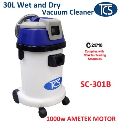TCS Commercial Industrial Plastic 30L Wet/ Dry Ametek Motor 1000W Vacuum Cleaner