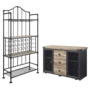 Home Square 2-Piece Set with 3 Drawer Server and Metal Frame Wine Shelf in Oak