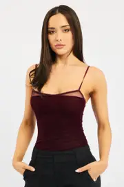 Red Singlet Bodysuit Velvet - Size 6XXS, Women's Bodysuit