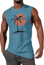 [iudam] Tank Top Men's Sleeveless Cotton Sports Tops with Palm Trees Print T-Shirt Undershirts Muscle Shirt Fitness Gym Tank Tops Tee Top, lightblue, XL