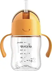 [Evorie] Tritan Weighted Straw Sippy Cup with Handles for Baby and Toddlers, Spill Proof Baby Water Bottle with Straw for 6 Months and up, 7 Oz, Infant Training Water Bottle (Apricot Yellow)