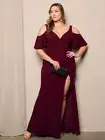 Womens Plus Size Burgundy Cold Shoulder Maxi Dress Gown 2XL Size Slit Pearl Acc