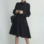 Plain A-Line Shirt Dress Dress - Black - One Size