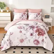 LLDSYW King Size Floral Comforter Set, 7 Pieces, Pink