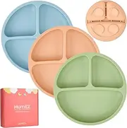 MumEZ Baby Plates with Suction - 3 Pack Silicone Baby Suction Plates for Toddler Kids Self Feeding - Weaning Plates for High Chair Tray - Unbreakable, Portable, Non Slip (Blue,Green & Brown)