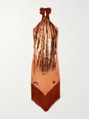 [Taller Marmo] Taller Marmo - Nina Fringed Satin-trimmed Sequined Crepe Halterneck Maxi Dress - Orange - IT38 IT 38 Orange