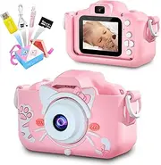Kids Selfie Camera, Birthday Gifts for Boys Girls Age 3-9, HD Digital Video Cameras for Toddler Children Toy for 3 4 5 6 7 8 Year Old Boy with 32GB SD Card Pink