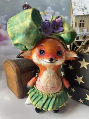 papier-mache Christmas tree toy fox with bow 5*3.5 inch 40 gr