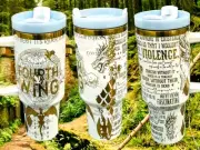 40oz FOURTH WING Dragon THEMED LASER ENGRAVED Tumbler W Handle Lid And Straw
