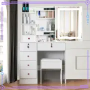 Vanity Makeup Dressing Table With 3-Color Dimmable LED Light Mirror Stool Drawer