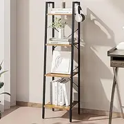 Hzuaneri Ladder Shelf, Bookshelf Bookcase, Freestanding Corner Storage Shelve with 2 Hooks for Home Office, Living Room, Kitchen, Bedroom, Industrial, 4-Tier Rustic Brown BC13201B