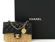 CHANEL Woven Metal Lambskin Quilted Micro Flap Evening Bag in Black & Gold