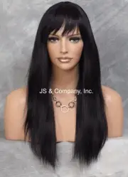 100% HUMAN HAIR Long NEW STRAIGHT Jet Black WIG W. Bangs IHHI 1