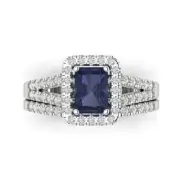 1.6ct Emerald Round Cut Halo Blue Sapphire Ring bridal Set 14k White Gold