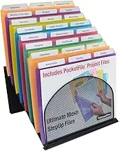 Ultimate Office 8 Section High Capacity Black Wire Mesh Inclined Desktop Organizer, StepUp File Sorter Rack Includes 18, 3rd-Cut PocketFile Clear Poly Document Folder Project Pockets