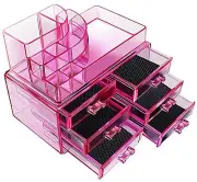 Acrylic Pink Cosmetics Organizer 6 Drawers with 8 Compartments Top Section ~USA