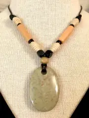 Leather Necklace W Natural Unakite Polished Stone & Wood 16+2” USA 891