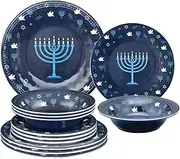 UPware 12-Piece Melamine Dinnerware Set, Includes Dinner Plates, Salad Plates, Bowls, Service for 4 (Hanukkah)