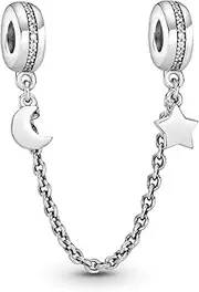 [PANDORA] Jewelry Half Moon and Star Safety Chain Cubic Zirconia Charm in Sterling Silver