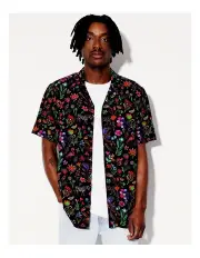 [Kenji] Neon Floral Print Short Sleeve Rayon Shirt in Black