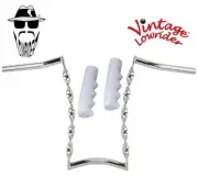 Vtg Lowrider Handlebar CURVED Twisted 15" 25.4mm Chrome & Grips Sparkle White.