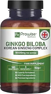 Ginkgo Biloba and Korean Ginseng Tablets 16000mg 180 Vegan Tablets by Prowise Healthcare