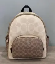 COACH Court Backpack In Blocked Signature Canvas & Leather Bag Sand/Tan CZ771