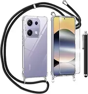 Mobile Phone Lanyard for Xiaomi Redmi Note 14S, Case with Screen Protector, Necklace Mobile Phone Case with Removable Cord for Hanging, Transparent Silicone Protective Case with Strap in Black