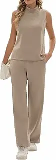Sixstar Two Piece Sets for Women Summer Outfits Lounge Sets Mock Neck Tops Wide Leg Crop Pants Vacation Travel Outfits