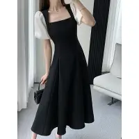 在飛比找樂天市場購物網優惠-黑色連身裙女夏復古赫本風方領泡泡袖小黑裙