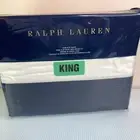 Ralph Lauren BLANC BLEU WILFORD TUX WHITE with NAVY BAND King Flat Sheet NEW