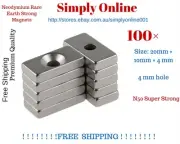 100 Pcs Super Strong Block Magnets 20x10x4mm Hole 4mm Rare Earth Neodymium N50