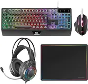 MARSGAMING MCP124PRO, Gaming Combo 4-in-1, RGB H-Mech Keyboard with Wrist Rest, RGB Mouse 3200DPI HUANO Switch, FRGB Headset, Nanotextile Mouse Pad 36 x 26 cm, Multiplatform, Spanish, Black