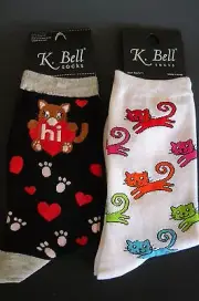 K. Bell Crew Socks Women's Size 4-10 Socks Two Pairs Black White Cat Print NWT