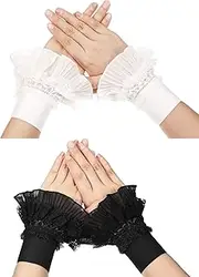 [Chuarry] Floral Layered Cuff 2 Pairs Lace Stretch Jabot Cuffs Lace Wrist Cuff Fake Sleeves Black White Lace Jabot Cuffs Costume Accessory, Black and White