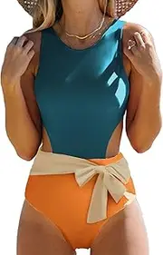 [Generic] Women's 1 Piece Swimsuit Color Block Hollow Tummy Control Swimwear Sexy Cutout Print High Neck Bathing Suits