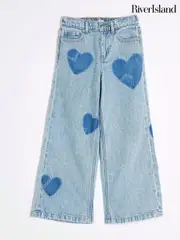 River Island Blue 100% Cotton Heart Patchwork Wide Leg Jeans (W25998) | $60