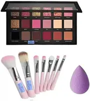 AHDAM Rose Gold Eyeshadow Palette with 7 Pc Makeup Brush (Pink/Black) & Blender Puff (Pack of 3)