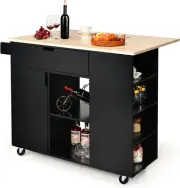 Giantex Drop-Leaf Kitchen Island, Rolling Serving Cart with Rubber Wood Top, ...