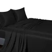 Black Double Queen King Silk Satin Sheet Set Flat Fitted Sheet And Pillowcase