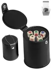 Rounded Poker Dice Ivory Tone + PU Leather Black Felt Cup Storage Compartment