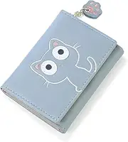 [FFpaw] Small Wallet for Women Bear Tri-folded Short Wallets Card Holder RFID Blocking PU Leather Slim Purse with ID Window, Blue-C, Small