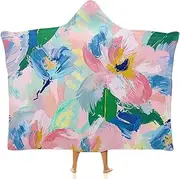 [Ausinbed] Pastel Flower Wearable Cloak Hooded Blanket Fleece Hooded Robe Cloak Arctic Velvet Warm Throw Quilt Poncho Soft Nap Blanket Novelty Blanket Air Conditioning Blanket,50"x60"