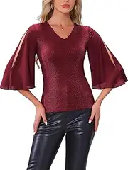[Allegra K] V Neck Blouse for Women Split Sleeve Sparkly Dressy Top Evening Party Tops