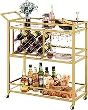 Maxkon Gold Bar Cart Drinks Trolley Coffee Tea Serving Wine Rack Glass Holder Kitchen Storage Curtain Wall Mirror Shelves