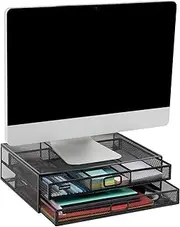 Mind Reader Monitor Stand, Ventilated Laptop Riser, Storage Drawer, Office, Metal Mesh, 15.75" L x 11.75" W x 4.5" H, Black