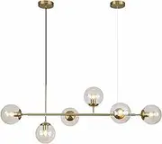 KCO Lighting Globe Linear Chandelier 6 Light Amber Glass Pendant Light Fixture Gold Kitchen Island Chandelier Lighting Brass Sputnik Dining Room Ceiling Lights