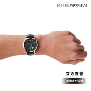 【EMPORIO ARMANI 官方直營】Renato 都會經典三眼多功手錶 黑色真皮皮革錶帶 43MM AR2447